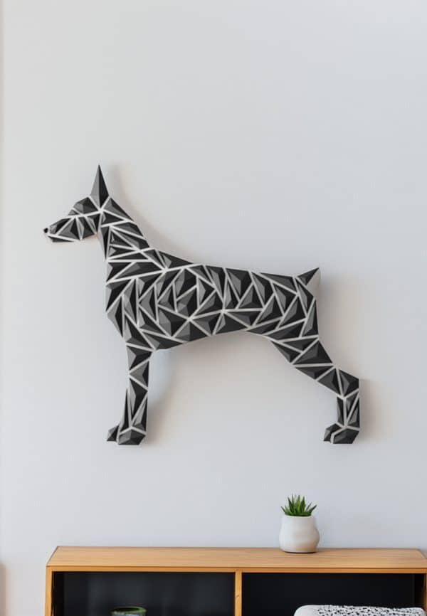 3D-geprinte geometrische Dobermann hond van Printiks, beschikbaar in diverse kleuren, samengesteld uit strakke driehoekige vormen voor een modern en abstract design