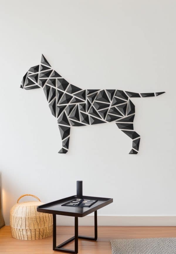 3D-geprinte geometrische Bull Terrier van Printiks, beschikbaar in diverse kleuren, met een abstract en modern design.