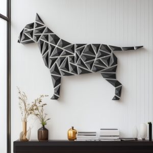 3D-geprinte geometrische wanddecoratie van een Bull Terrier hond, ontworpen met een modern en abstract patroon van zwarte en grijze driehoekige vormen die samen de krachtige contouren van de hond vormen. Unieke en stijlvolle decoratie voor interieur of kantoor.