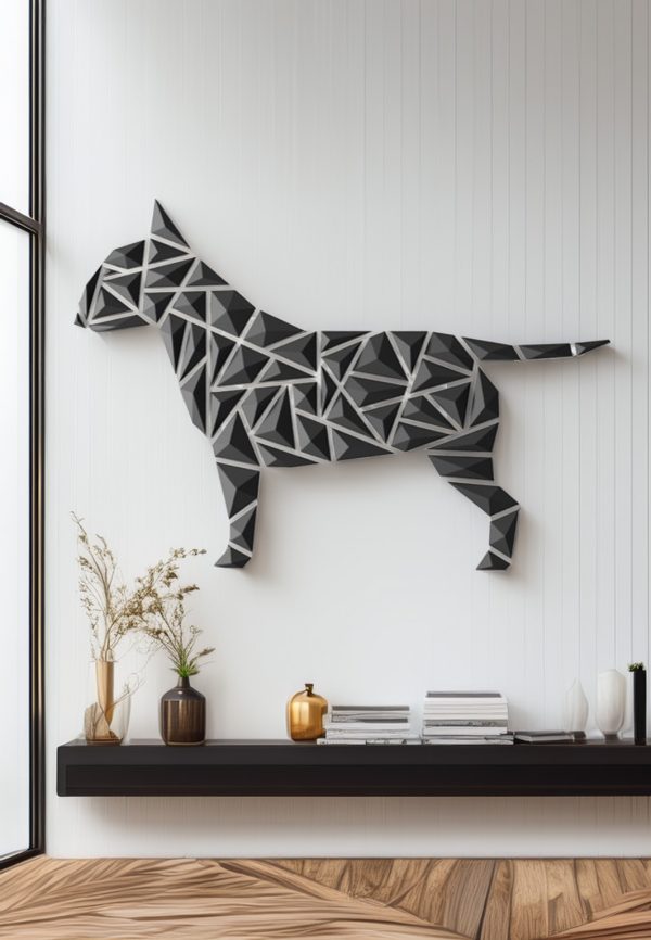3D-geprinte geometrische Bull Terrier van Printiks, beschikbaar in diverse kleuren, met een abstract en modern design.